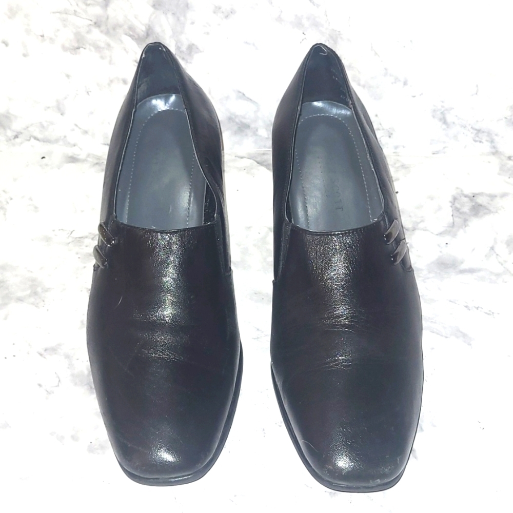 Karen Scott Black Genuine Leather Y2k Heeled Booties Square Toe Embellished 6.5M